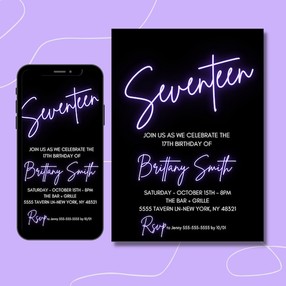 17th Birthday Invitation for Girl Digital Template 17 - Etsy