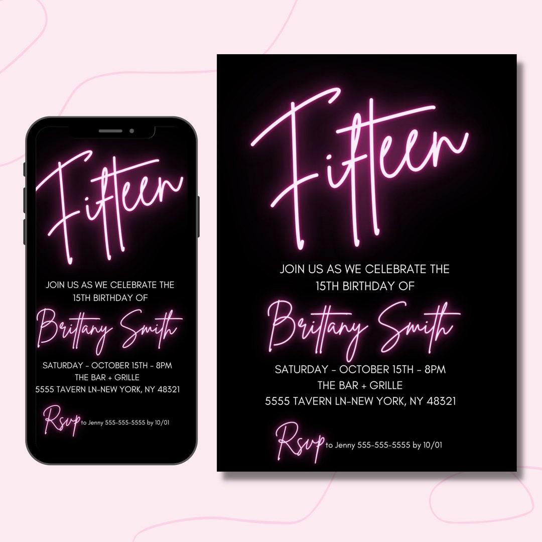 15th Birthday Invitation for Girl, Template, Teen Bday, Neon Light, Hot ...