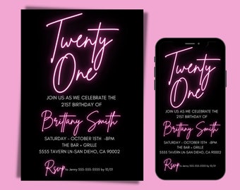 21st Birthday Invitation Electronic, Editable Template, for girl, 21, SMS Invite, Neon Hot Pink, Digital, 21 for her
