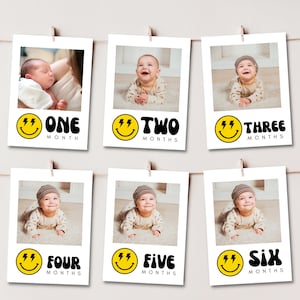 Smiley Face 1st Birthday Photo Banner Template ,One Happy Dude Month by Month Picture Banner Birthday Decor