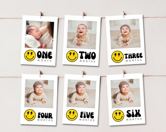 Smiley Face 1st Birthday Photo Banner Template ,One Happy Dude Month by Month Picture Banner Birthday Decor