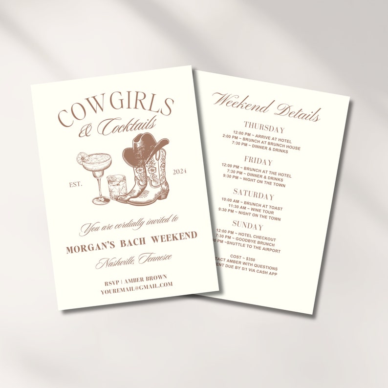 Cowgirls And Cocktails Bachelorette Invitation Cowgirl Bach Itinerary Nashville Bach Last Rodeo Bachelorette Invite Western Canva Template