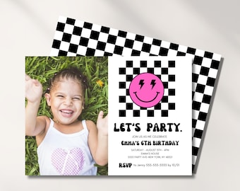 Convite de aniversário para menina, convite com foto de rosto sorridente, convite xadrez, modelo digital, 5º, 7º, 10º, 13º aniversário, festa infantil, legal, editável
