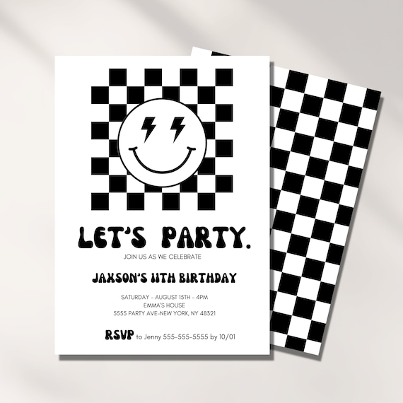 Birthday Invitation Boy, Smiley Face, Checkered Invite, Digital Template, 5th, 7th, 10, 13th, Kids Bday Party, Cool, Editable