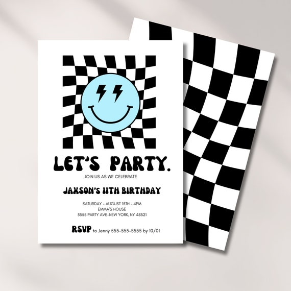Birthday Invitation Boy, Smile Face, Checkered Invite, Digital Template, 5th, 7th, 10, 13th, Kids Bday Party, Cool, Editable