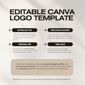 Puede incluir: Plantilla de logotipo de Canva editable con texto negro sobre fondo blanco. El texto dice "Plantilla de logotipo de Canva editable". El gr&aacute;fico incluye cuatro secciones con flechas que apuntan hacia la derecha. Las secciones se titulan "Editable por ti", "Cuenta Canva gratuita", "Uso personal" y "Venta final". El texto de cada secci&oacute;n describe los t&eacute;rminos de uso de la plantilla de logotipo. El gr&aacute;fico tambi&eacute;n incluye una nota que indica que se requiere una cuenta Canva Pro para descargar el archivo como un PNG con fondo transparente.
