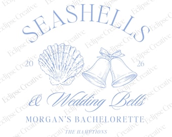 Modelo de logotipo Bach com conchas e sinos de casamento, modelo editável, logotipo de despedida de solteira na praia, modelo de logotipo de produtos Bach, modelo personalizado do Canva