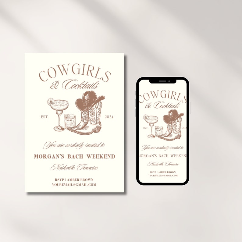 Cowgirls And Cocktails Bachelorette Invitation Cowgirl Bach Itinerary Nashville Bach Last Rodeo Bachelorette Invite Western Canva Template