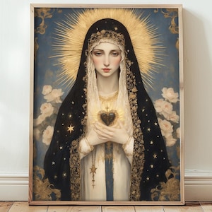 Stampa della Vergine Maria, icona cattolica giclée in stile Art Nouveau, decorazione murale religiosa della Madonna, poster della Santa Madre, regalo moderno per un santo cristiano.