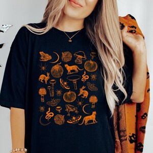 Witchy shirt, pumpkins, spiders & cat vintage tee woman, orange graphic tee, pagan witch gift, black unisex tshirt, over-sized tee image 4