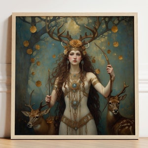 Artemis Print mit Hirsch, Mondgöttin, Jagd Geschenk, Hirsch im Wald, Gothic Wanddeko, Kriegerin Poster, heidnisches witchy Jugendstil Poster
