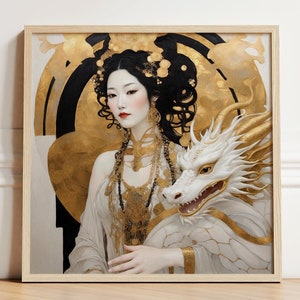 Stampa buddista Guan Yin, dea della misericordia e della compassione, decorazione murale con drago in oro bianco, regalo di protezione spirituale, decorazione per la casa con divinità protettrice.