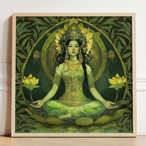 Stampa di Tara Verde, regalo di arredamento per la sala di meditazione buddista, arte murale mitologica, poster di spiritualità verde, Dea della pace e dell'illuminazione,