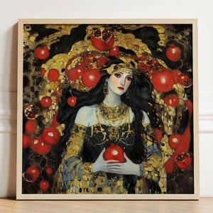 Persephone Print mit Granatäpfeln, Griechische Göttin der Unterwelt, witchy Wohndeko, Jugendstil Poster, Klimt style, dark boho Pagan Geschenk