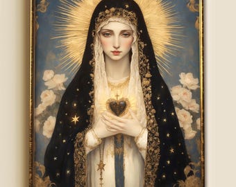 Art Nouveau Virgin Mary Print, Catholic Icon Religious Wall Art, Blessed Mother Canvas