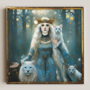Freja print, Norse Goddess mythology canvas, white cat lover gift, mystical fairycore gothic decor