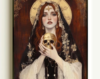 Mary Magdalene print,  Giclee Catholic icon religious wall art, Modern Christian gothic home decor, divine feminine gift, Skull witchy decor