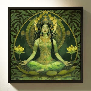 Arte mural enmarcado de Tara Verde, diosa budista tibetana / Sala de meditación espiritual femenina divina