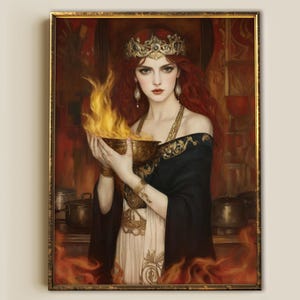 Hestia Fire Goddess Print – Kitchen Witch art,  Mystical Red-Haired Sorceress Holding Sacred Flame