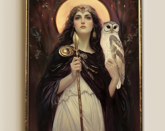 Pallas Athena Print, Goddess & owl canvas, Greek mythology warrior queen, divine feminine decor
