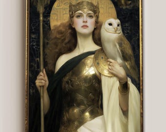 Pallas Athena Print, Goddess Wisdom Owl, Art Nouveau Greek Mythology Poster