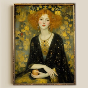 Golden Muse Portrait – Art Nouveau Goddess, Klimt-Inspired Woman, Vintage Feminine Wall Art