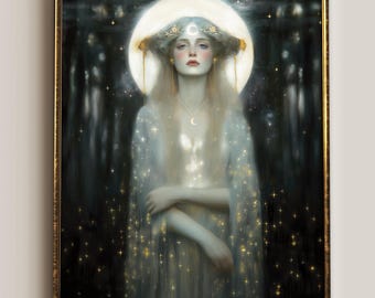 Selene Moon Goddess Print, Art Nouveau Greek Mythology, Celestial Decor (Giclee or Canvas)