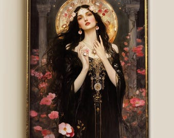 Flora Goddess Art Nouveau Print, Roman Mythology Spring Floral Wall Decor (Giclée)