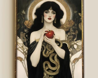 Lilith with apple & serpents, Giclee Art Nouveau print, mythology gothic canvas, dark goddess witchy decor