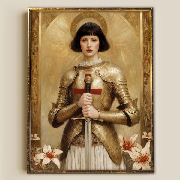 Jeanne d'Arc, Frau in Rüstung, katholische Heilige Leinwand, göttlich weiblich, Giclée-Plakat