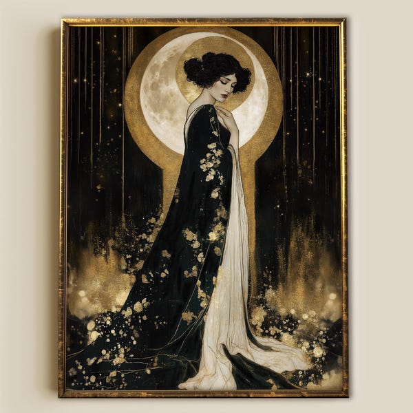 Moon Goddess Art Print, Art Nouveau, Asian Lunar Deity Giclee Wall Decor, Dark Feminine Celestial Stars Poster, Witchy Gold & Black gift