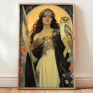 Manifesto di Pallade Atena, stampa giclée Art Nouveau, dea della saggezza, regina guerriera della mitologia greca, forte divino femminile, arredamento pagano per la casa