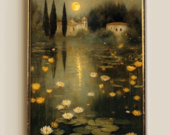 May include: A framed painting depicts a moonlit lake scene. Yellow water lilies and lily pads float on the water. The moon reflects in the water, and the background shows trees, buildings, and tall, dark trees. The frame is gold.