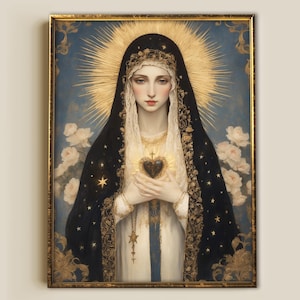 May include: A framed portrait of a woman with a halo, wearing a black veil adorned with stars. She holds a heart-shaped object. The background features a blue sky, white roses, and gold accents.