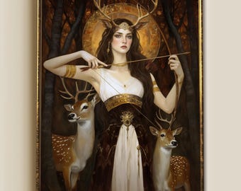 Artemis print, Goddess & deer, Greek mythology Canvas, stag forest wall art, hunter gift