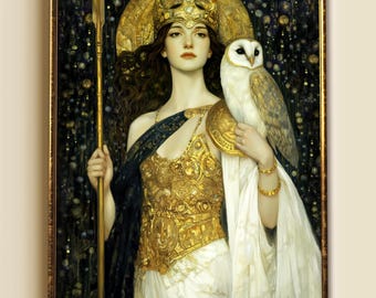 Pallas Athena Print, Warrior Goddess in armour & Owl, Art Nouveau Greek Mythology canvas