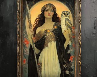 Pallas Athena poster, Giclee Art Nouveau print, Goddess of wisdom, Greek mythology warrior queen, strong divine feminine, Pagan home decor