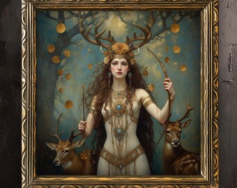 Artemis Print with deer, Moon Goddess, hunting gift, stag in forest gothic wall decor, female warrior poster, pagan witchy art nouveau print