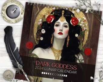 Dark Goddess 2024 Calendar Black Wall Calendar Moon Phases Greek Mythology Gift For Her I Calendar Dark Aesthetic for Boho Gothic Pagan Room