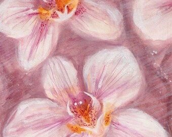 Orchid floral ORIGINAL flower painting. Watercolor wall art. Close up white orchid & pink home decor. For moms birthday or gardeners gift.
