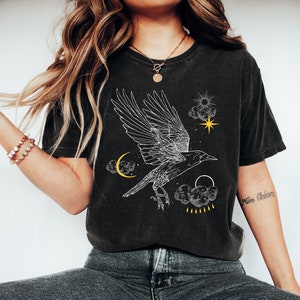 Crow Shirt, Sun and Moon celestial tshirt, womans vintage tee, retro graphic, pagan witch gift, black unisex top, over-sized comfort colors image 1