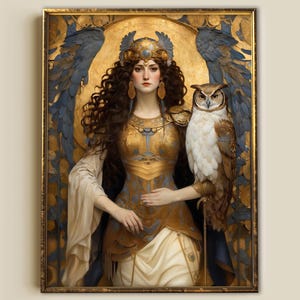 May include: A framed artwork featuring a woman in gold armor and a white dress, adorned with a jeweled crown and earrings. A large owl perches on her arm. The background includes blue wings and a golden arch.