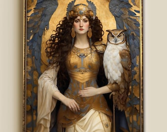 Pallas Athena Print, Warrior Goddess Wisdom Owl, Greek Mythology Wall Art, Woman in Armour