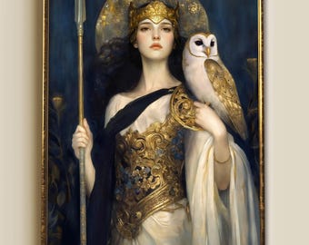 Pallas Athena Print, Greek Mythology, Warrior Goddess in armour & owl, Art Nouveau Giclee