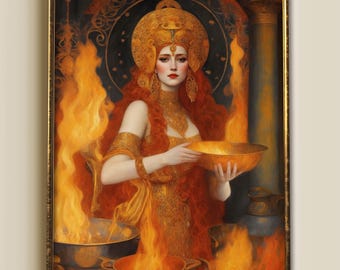 Hestia Druck, Feuergöttin des Herdes, Wandkunst der griechischen Mythologie, gotisches Jugendstilgeschenk