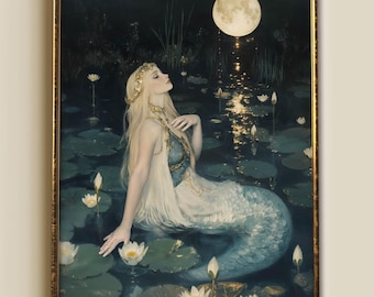 Mermaid Giclee Print, Mystical Water Lily Pond Canvas, Victorian Gothic Art