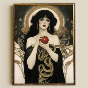 Lilith con manzana y serpientes, impresión Giclée Art Nouveau, lienzo gótico mitológico, decoración de brujas con diosa oscura
