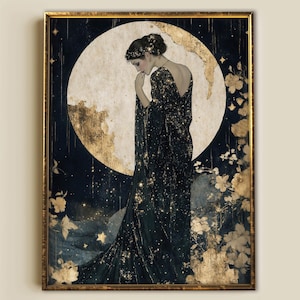 Moon Goddess print, Giclee Art Nouveau poster, Celestial moonlight with sparkling gold stars, gothic wall art, sacred feminine, witchy gift