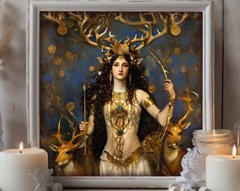 Artemis Goddess art print, Moon goddess of the Hunt with her stags, mythology wall decor, gothic gifts for pagan moms, pre-raphaelite style