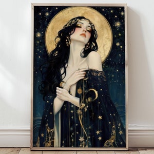 Nyx Print, Art Nouveau Poster, Giclee Print, Göttin der Nacht & Sterne, Göttin der Nacht, griechische Mythologie, gothic Wandkunst, heilig weiblich, dunkel heidnisch witchy Geschenk
